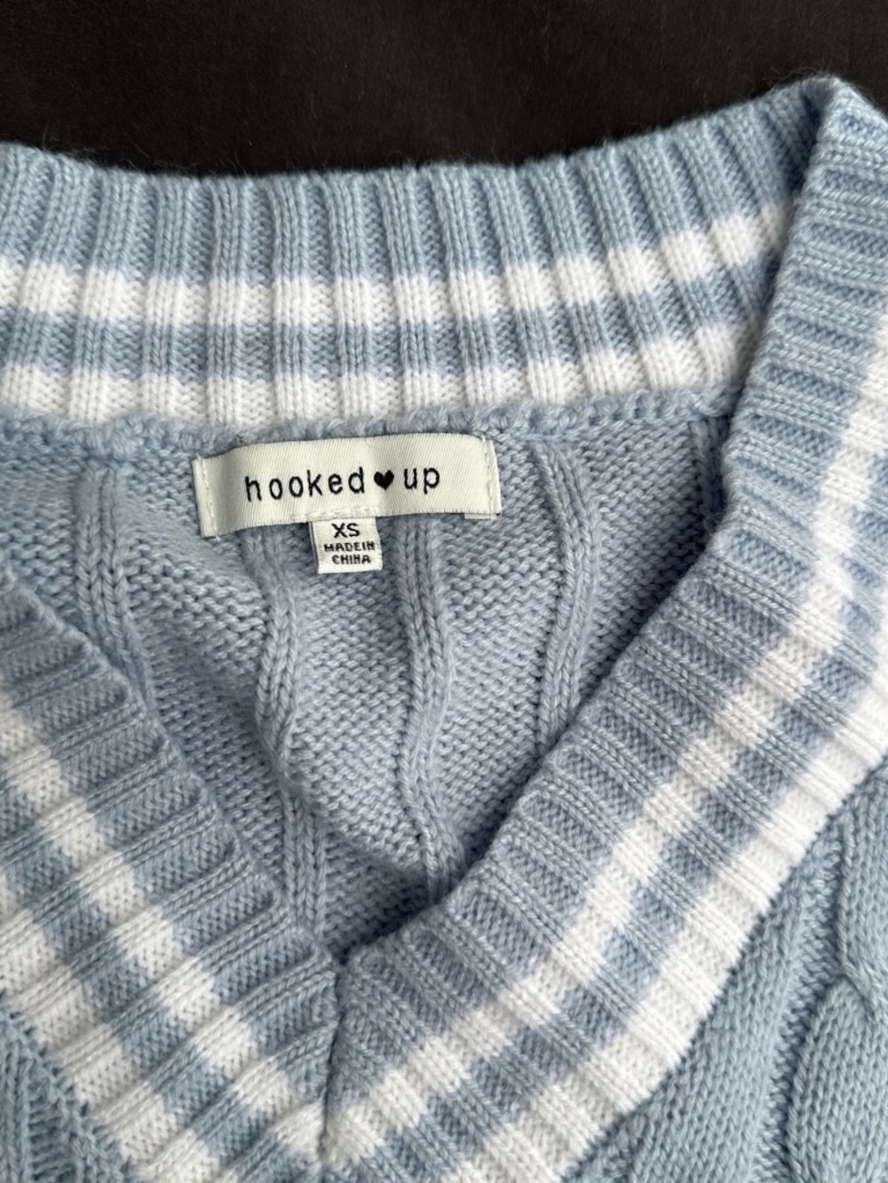 Hooked Up by IOT Men's Sky Blue Cable Knit V-Neck Sweater with White Stripes